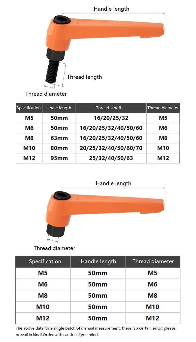 M5 M6 M8 M10 M12 Orange Clamping Lever Adjustable Handle Clamping Handle Screws Bolt Locking External Male Thread Knob