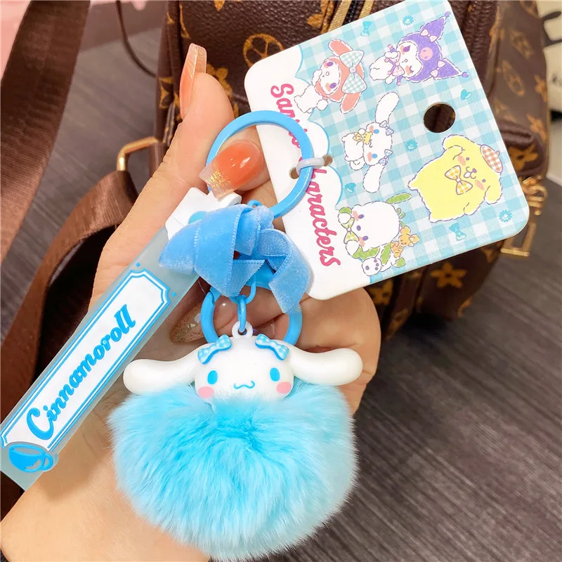 Sanrio Cartoon Kawaii Keychain Plush Charm Kuromi Hellokitty Fluffy Ball with Skull Bow Metal Ring for Keys Purse Anime Gifts