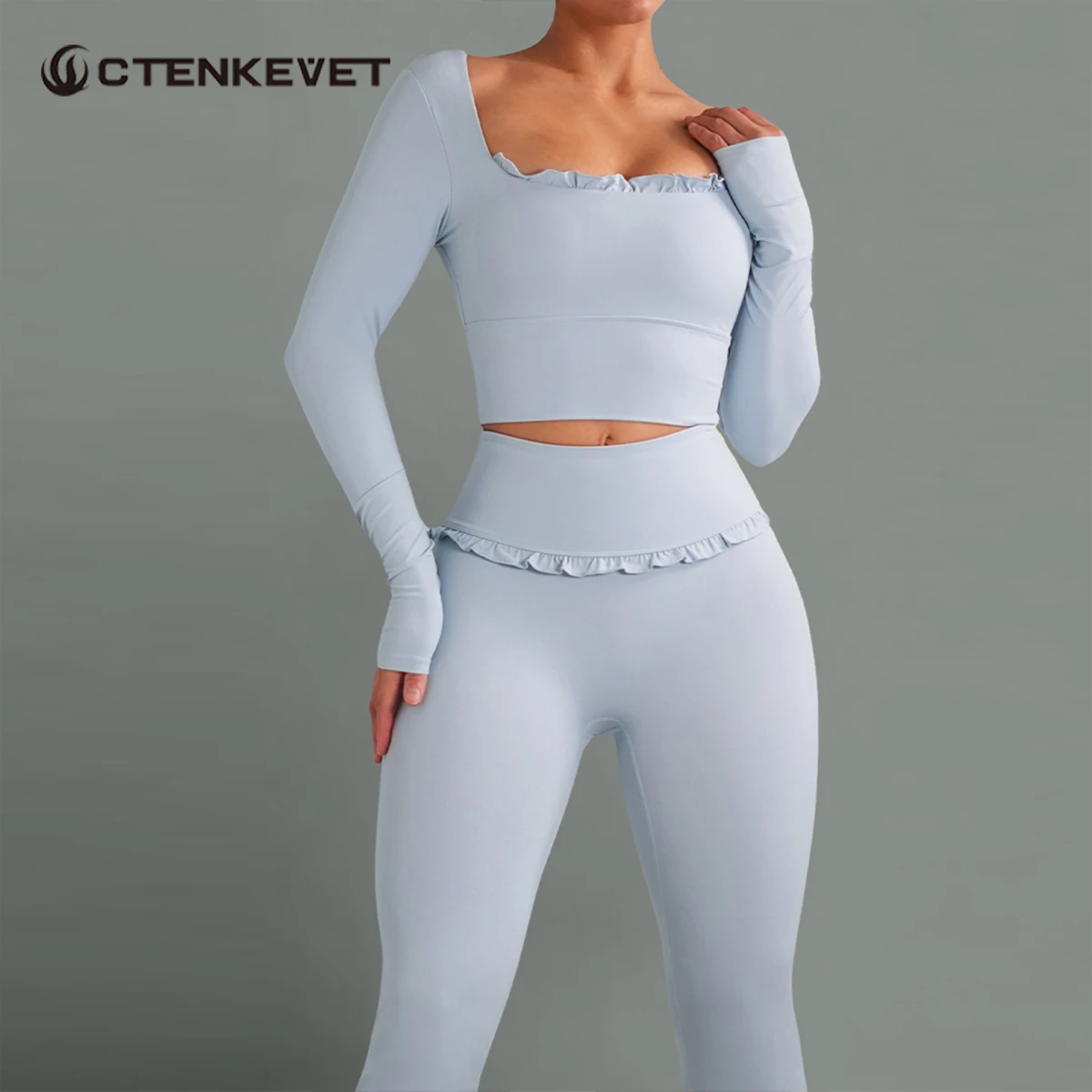New Summer 2Pcs Women Gym Yoga Female Outfit Outdoor Sports Quick-Dry Long-Sleeved Shirt Set Woman Two-Piece Suit Sportswear image 2