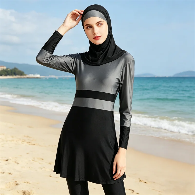

Full Coverage Muslim Burkini Swimwear 3 Piece Set Elastic Modest Swimsuit with Hijab Women Islam Femme Musulmane Maillot De Bain