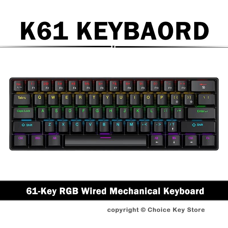 APAYADO K61 Wired Mechanical Gaming Keyboard 61 Keys RGB Backlit 60% Mini Type-C Red Switch Blue Switch for PC Laptop