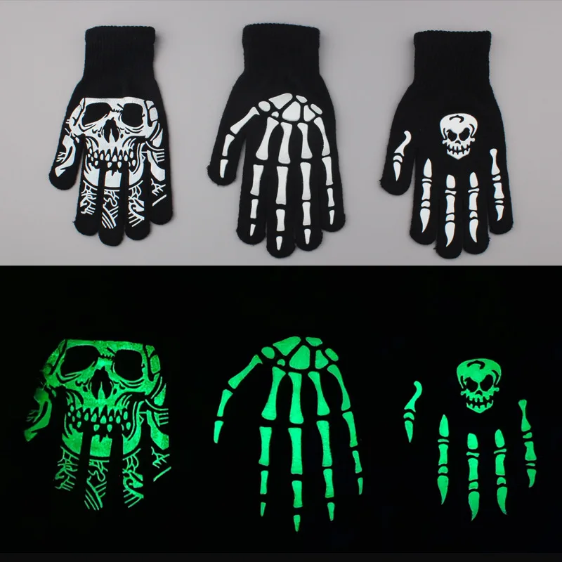 Halloween Skull Ghost Claw Printed Fluorescent Glow-in-the-Dark Gloves Women Adult Outdoor Riding Warm Knitted Gloves Cosplay