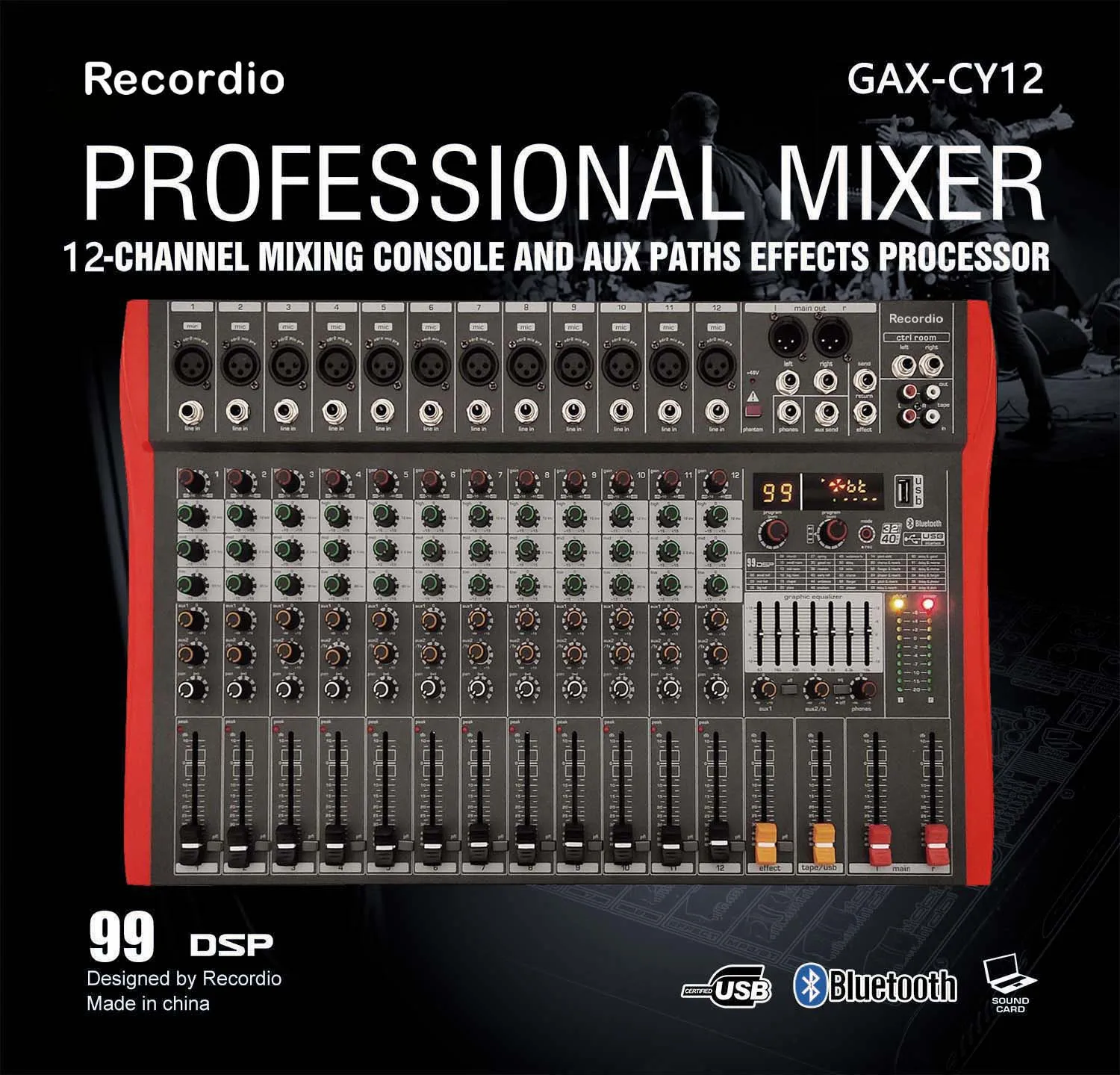 GAX-CY12 Professional 12-channel  Sound Mixing Console With Blueteeth Sound Mixer Audio 99 DSP Effects Phantom Power 48V USB - view 5
