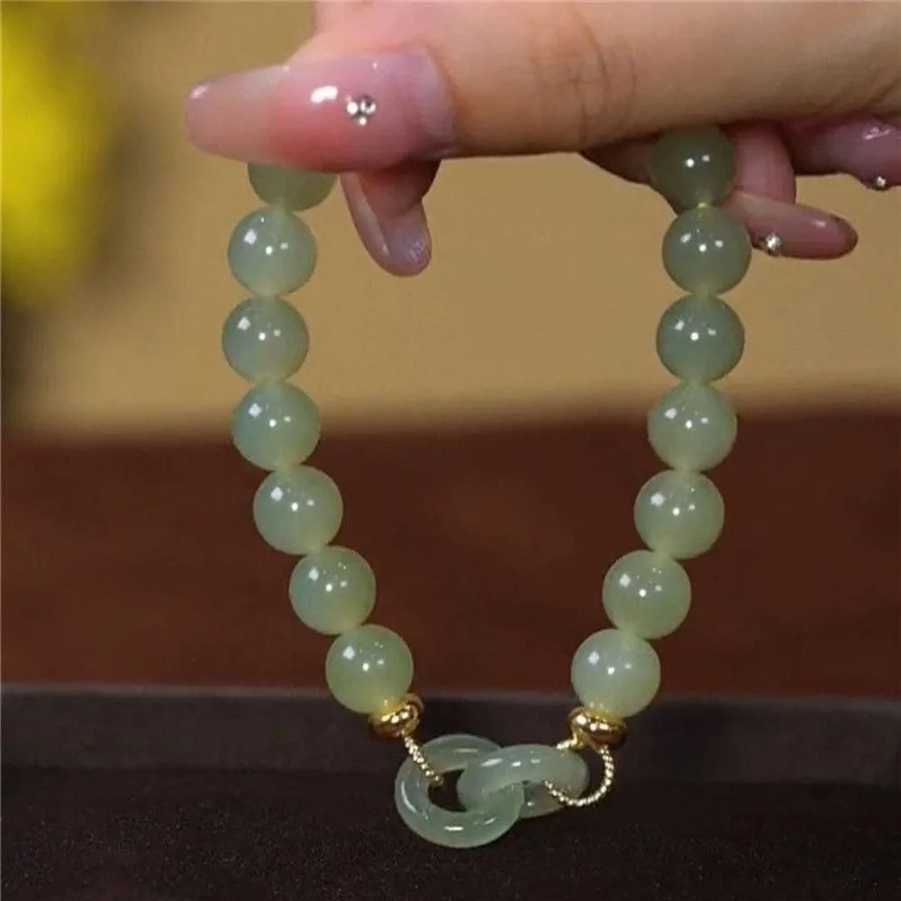 Heart Buckle Chalcedony Bead Bracelet Double Ring Design Fengshui Lucky Interlocking Bracelet Imitation Jade Bangle Jewelry