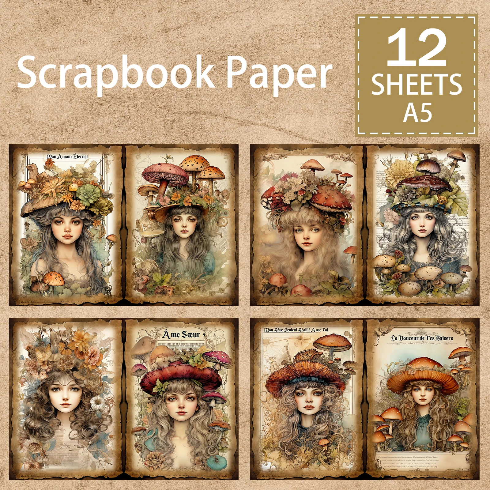 Planejador de diário grunge vintage para meninas, floresta cogumelo chapéu fundo, Scrapbooking, tamanho A5, 12 folhas