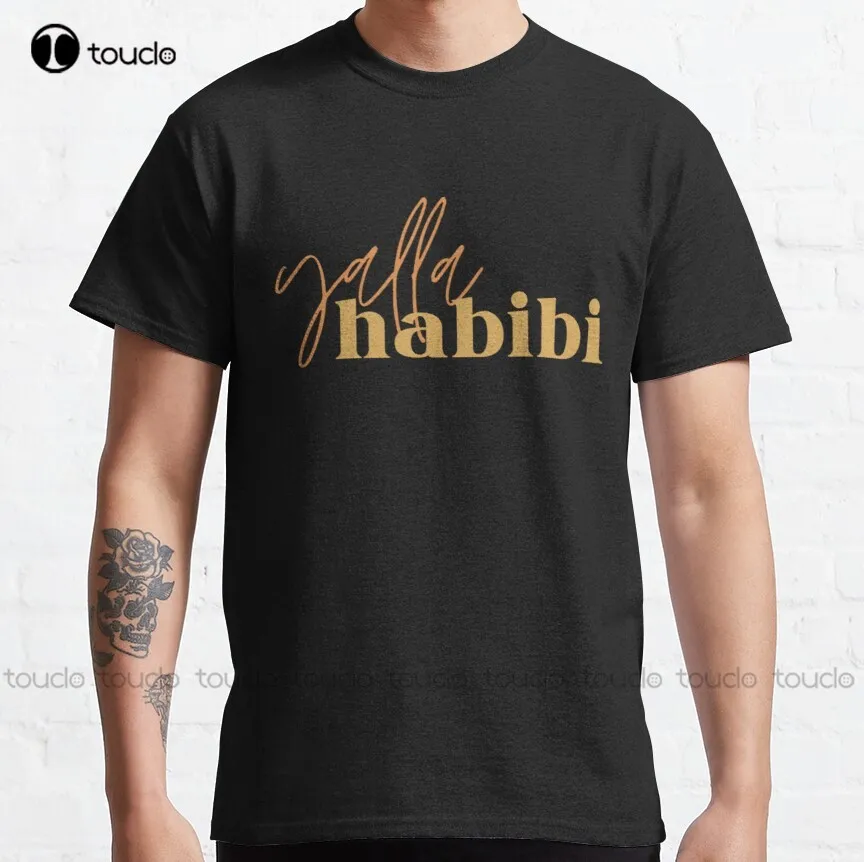 Yalla Habibi - Two Fonts - Gold Classic T-Shirt White Shirts For Men Tee T Shirts Digital Printing Breathable Cotton Hip Hop