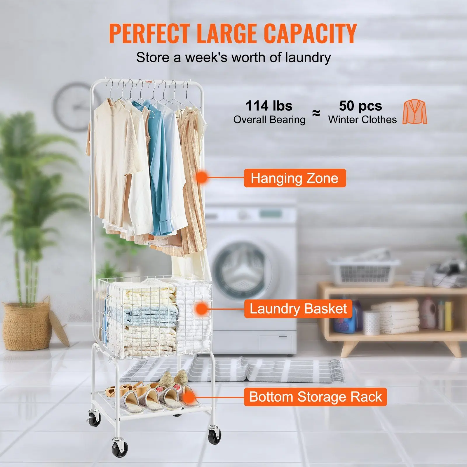 Storage Organizer Height Adjustment Laundry Hamper Cart Metal Rolling Laundry Basket with Heavy Duty Lockable Wheels