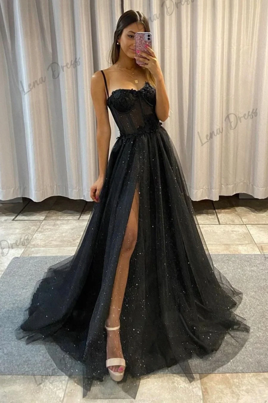 Black Prom Dresses Sale Gauze Elegant Party Dresses for Women Luxury Prom Dress 2024 Line A Lena Spaghetti Straps Lace Evening