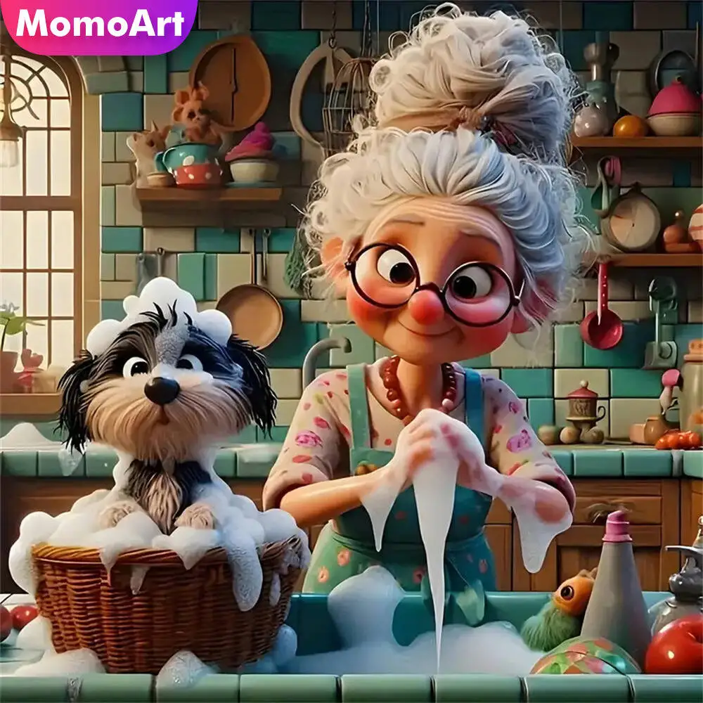 Momoart DIY Diamond Embroidery Old Woman Portrait Painting Dog Picture Of Rhinestones Mosaic Cartoon Handmade Gift