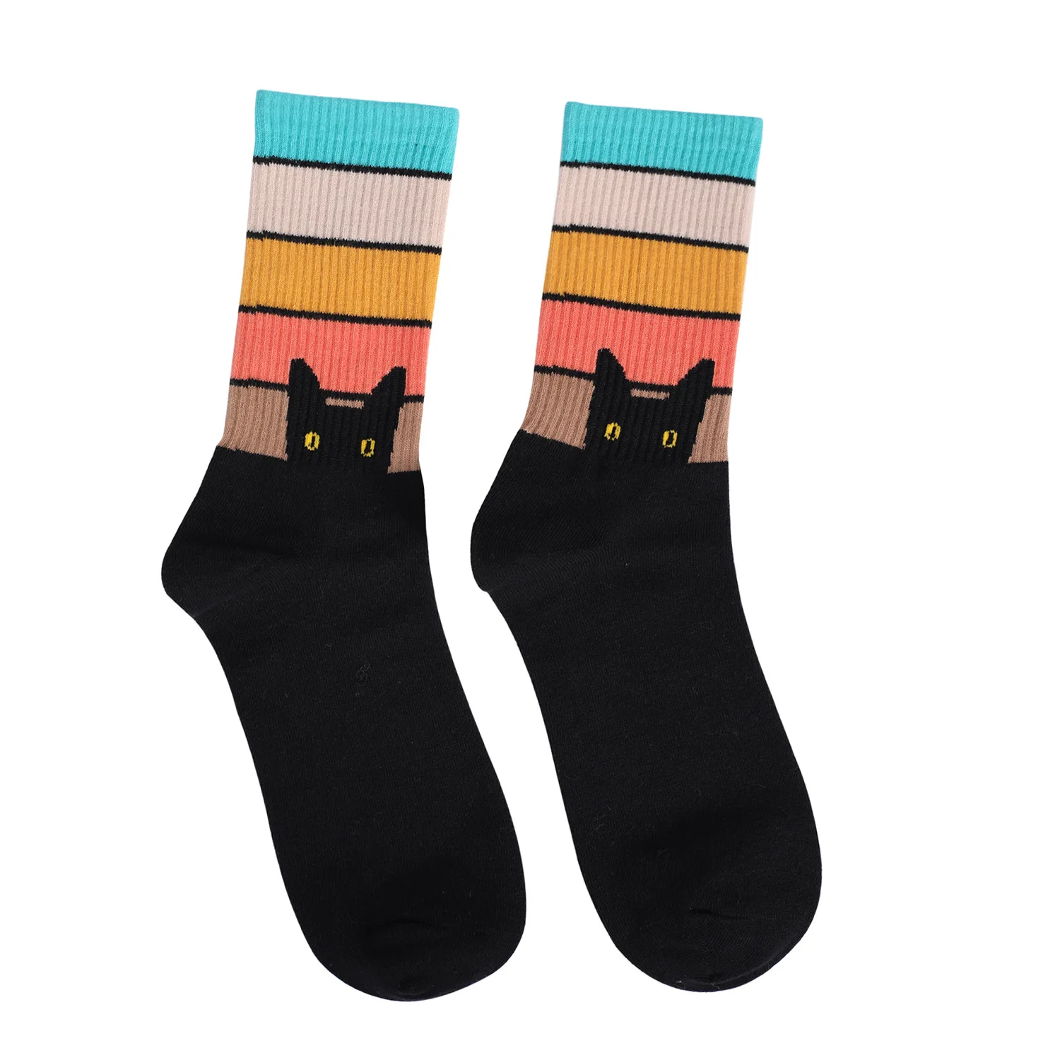 1 Pair Cat Pattern Mid-calf Socks Rainbow Strip Casual Women’s Socks