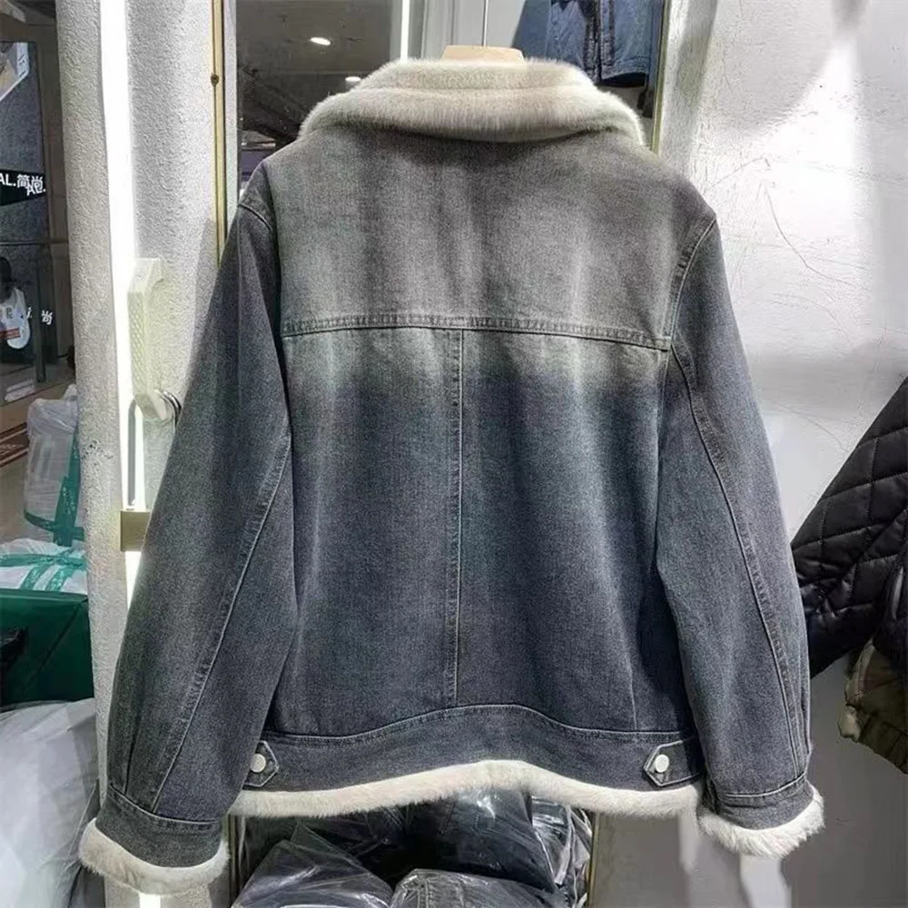 Hong Kong Style Fleece Denim Female Rex Rabbit Fur Collar Short Jacket Winter New Lamb Wool Inside Fashion School To Overcome.