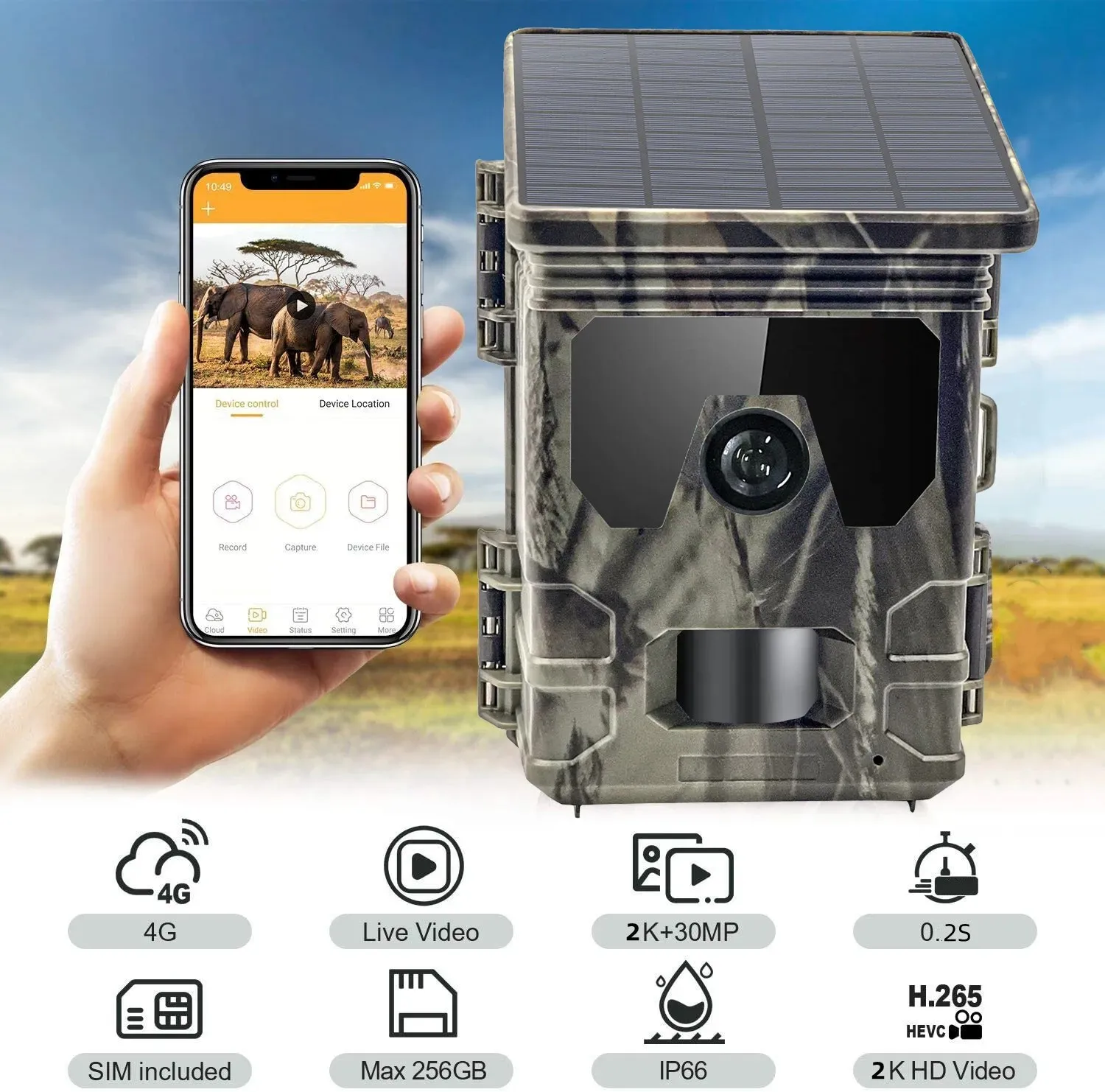 Caméra de chasse à charge solaire, caméra de jeu extérieure, vision nocturne, détection à 120 °, quelque part statique, 2K, 30MP, 4G