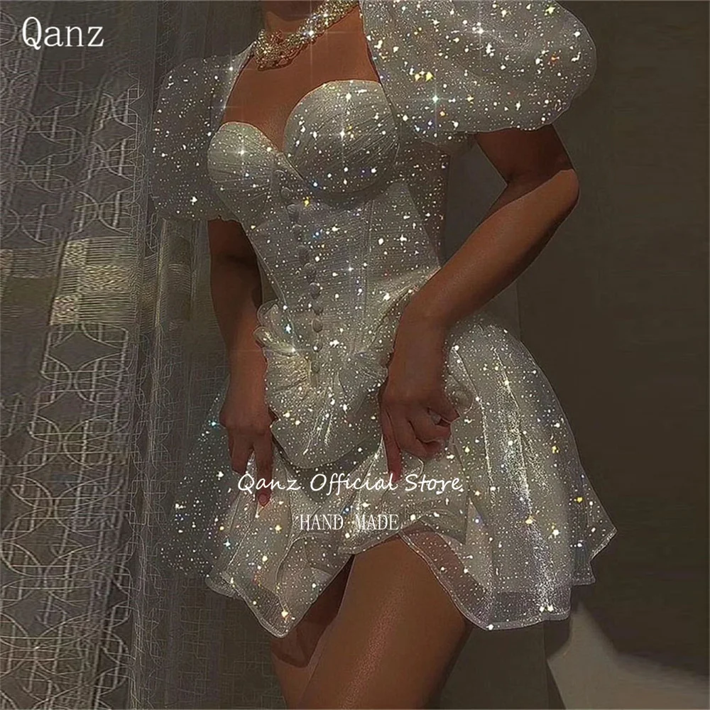 

Qanz Shiny White Wedding Party Dresses Short Glitter Tulle Prom Dresses Puff Sleeves Sweetheart A Line Mini Dress Night Club