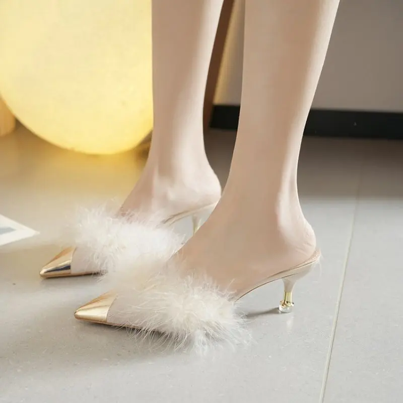 

2024 NEW Summer Women Pump Feather Heels Fashion Simple Wind Mule Slippers Women's Slide Stiletto Heels Shoes for Women Heels