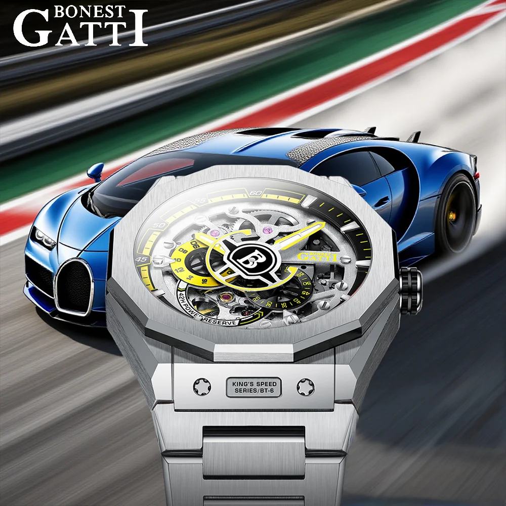 BONEST GATTI BG-7610S Men's Racing Chronograph Auto Mechanical Watch Skeleton Sapphire Luminous Steel Strap 5ATM German Crafted