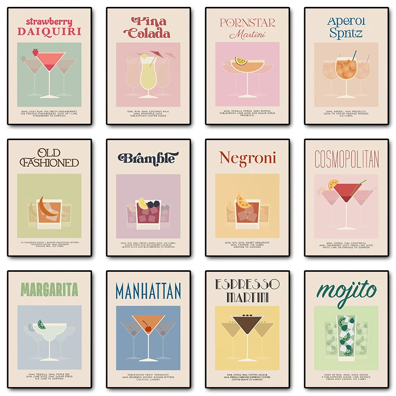 Retro Cocktail Alcohol Drink Poster Aperol Spritz Espresso Martini Canvas Printing Wall Art Vintage Bar Recipe Kitchen Decor