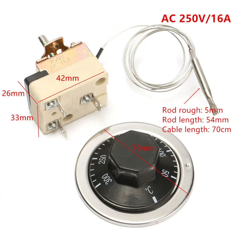 Rotary Temperature Controller Thermostat AC 250V 16A Dial 50 to 300 Degrees Celsius Temperature Control Switch For Electric Oven