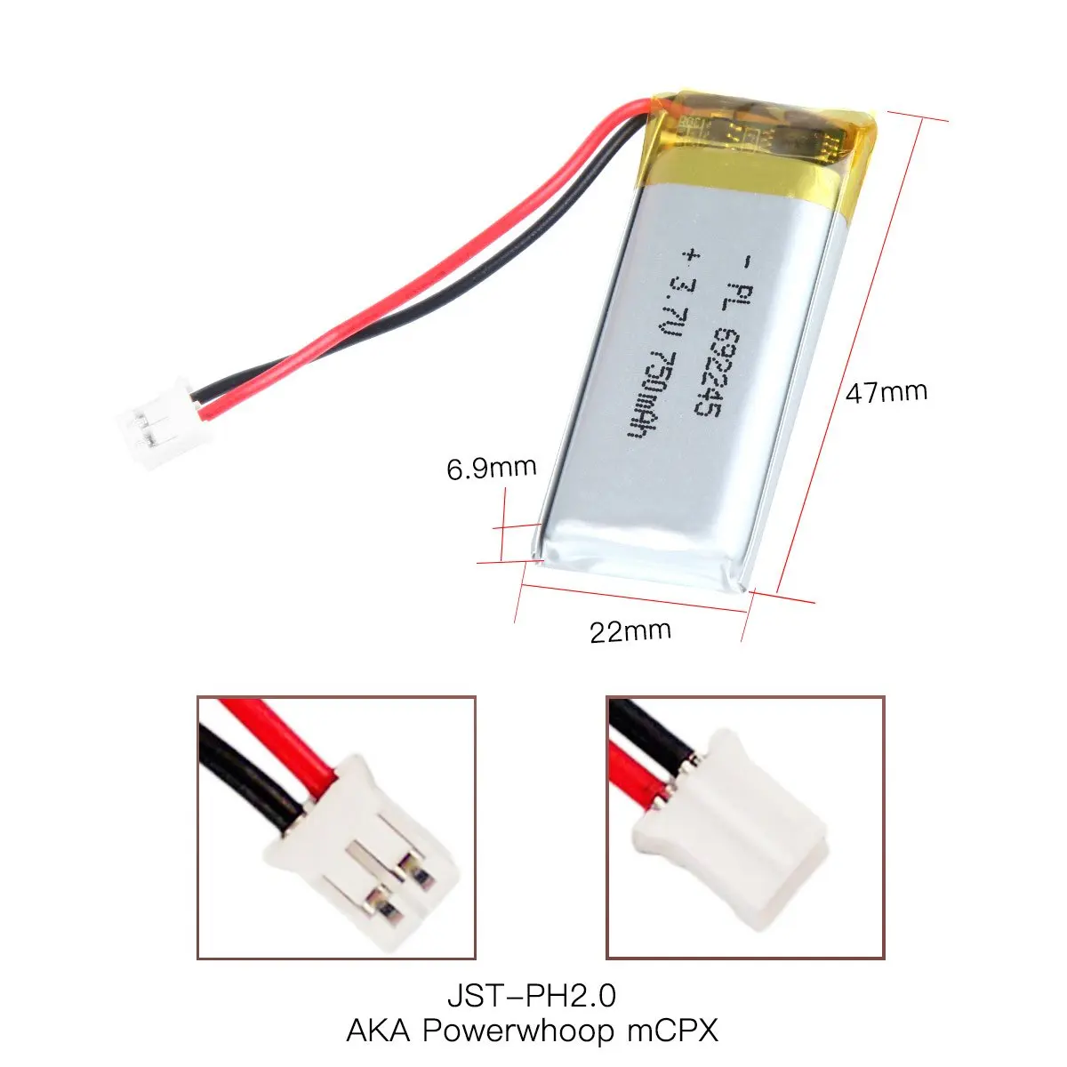 3.7V 750mAh 692245 충전식 리포 배터리, 길이 45mm