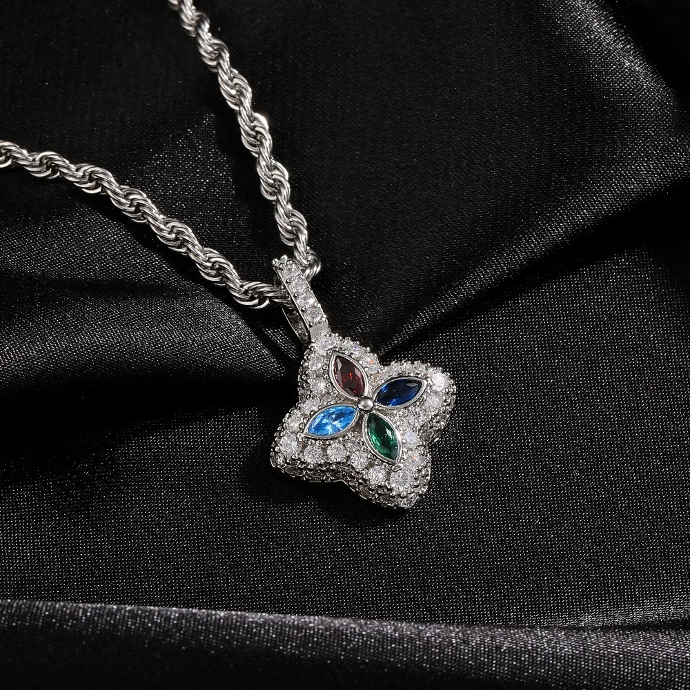 Naszyjnik z zawieszką w kształcie kwiatka z lodowym błękitem i cyrkoniami sześciennymi 5A+, modny naszyjnik z łańcuszkiem typu rope, luksusowy prezent w stylu hiphop dla kobiet i mężczyzn.