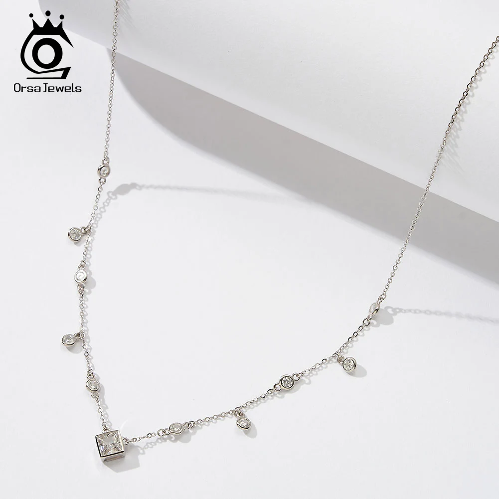 

ORSA JEWELS Zircon Necklace 925 Sterling Silver Shiny Geometric Zirocnia Collar Chain Necklace Luxury Jewelry Female Gift BQN01