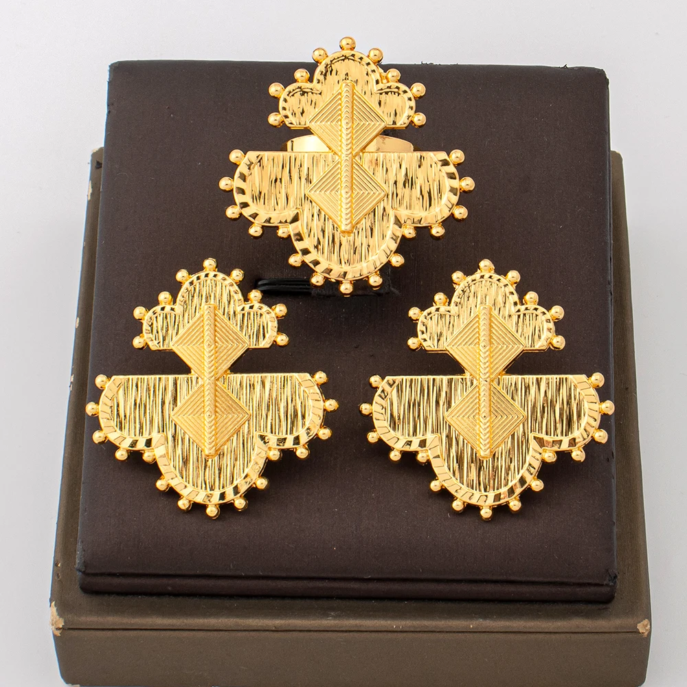 18K Gold Plated Tribal Cross‑Shape Hammered Statement Earrings & Ring Set For Women Luxury Wedding Bridal Party Accessories Gift