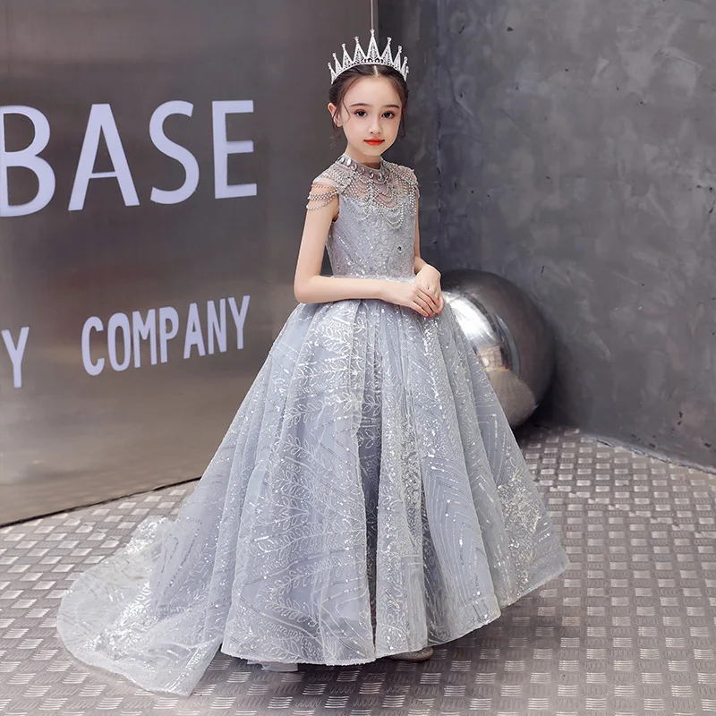 

Girls' Host Evening Dress Princess Gown with Train Stylish Children's Wedding Dress Puffy Tulle Flower Girl Performance Outfit D
