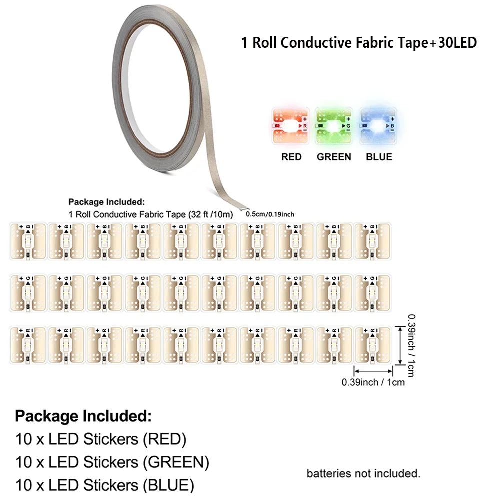 

1 Roll Conductive Fabric Tape+30 PCS LED Light Craft Kit Mini Starter Kit for Crafts Projects Add Lights to a Christmas Tree