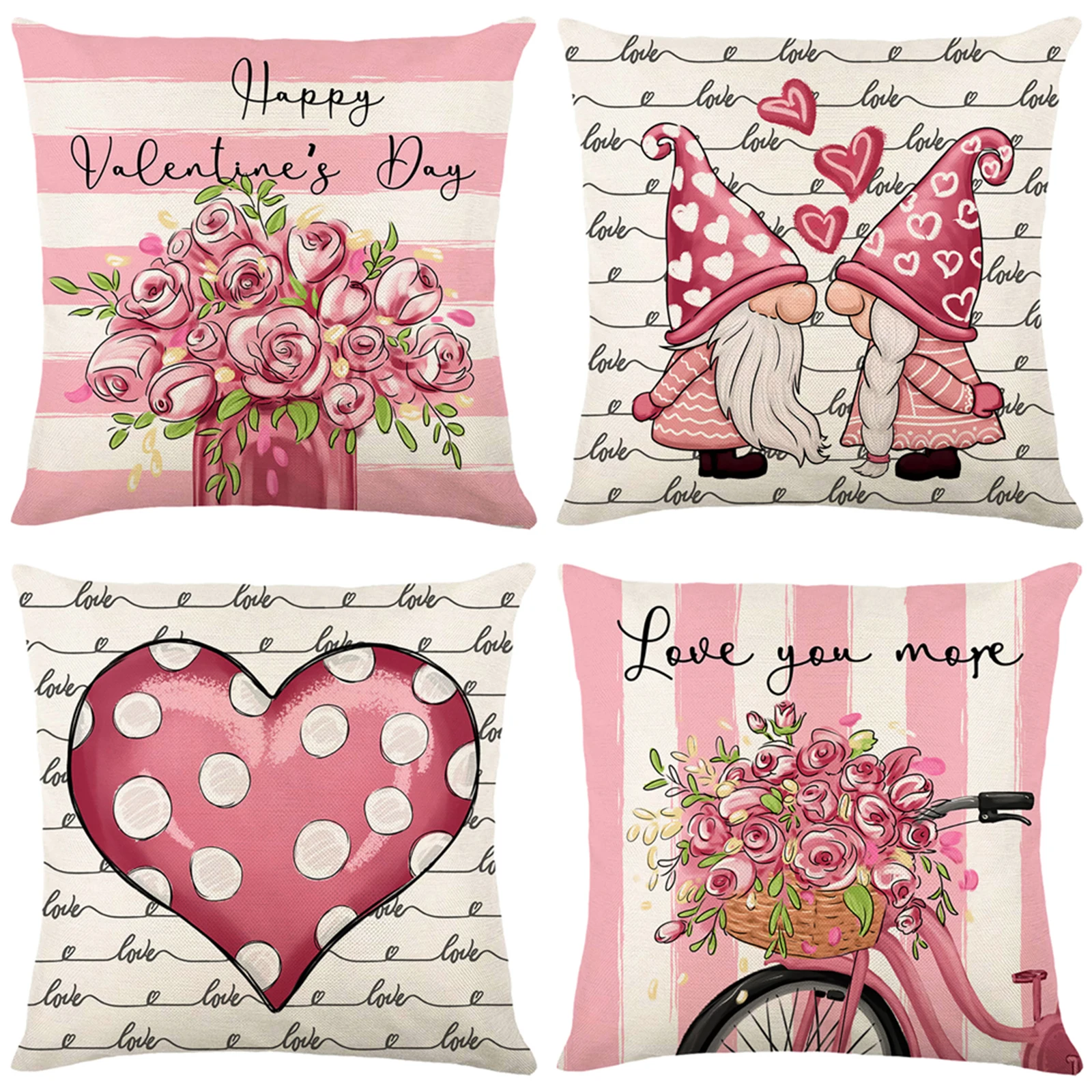 4Pack Valentine\'s Day Decor Pillowcase Soft Linen Square Throw Pillow Covers Bed Sofa Pad Waist Cushion Covers Red Pillow Cases