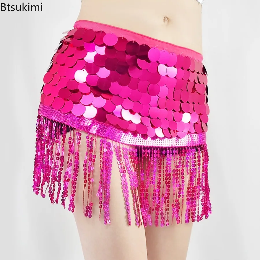 2025 Pailletten-Bauchtanz-Kostüm für Damen, Taillenschal, sexy Chiffon-Rock, Pailletten, Taillenkette, Quastengürtel, Clubwear, Damenrock