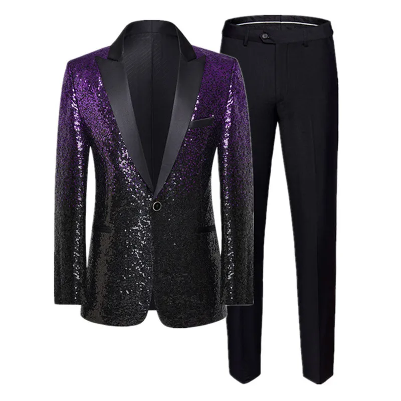 Fashion Men\'s Sequin Suit 2 Piece Men Bar KTV Stage Performance Dress Male Gradient Clothing