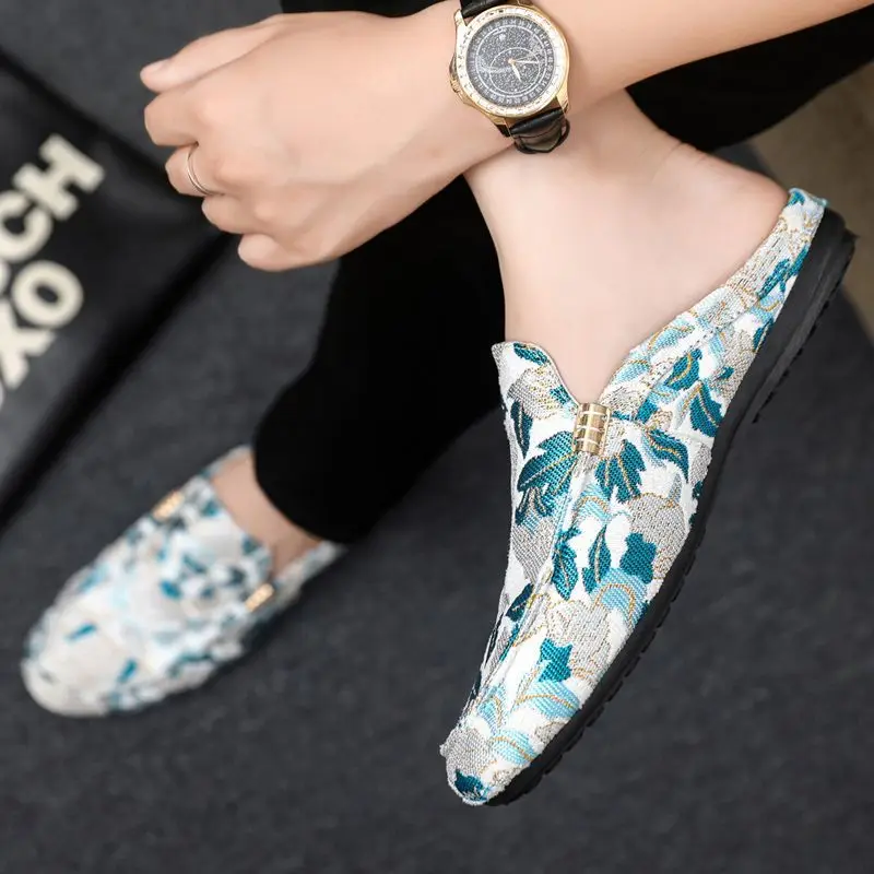 Korean Style Men's Canvas Sneakers One Step Wear Lazy Mules Open Back Half Slippers Non Slip Soft Sole Outdoor Shoes