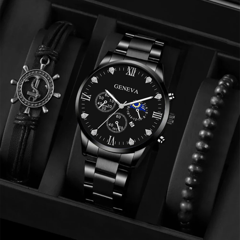 ファッションメンズ腕時計高級シルバーステンレス鋼クォーツ腕時計男性ビジネス腕時計男性用カレンダー時計リロイやつ