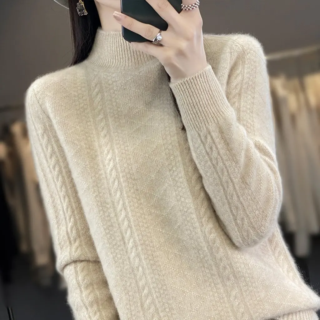 

Women's Thick Turtle Neck Sweater Autumn Winter Half Twist Base Wool Sweater Fashionable Generational Style