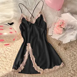 Ice Silk Thin Style Halter Nightdress Women's Lace Homewear Sexy Pajamas Solid Lenceria Mujer Silk Satin Suspender Dresses