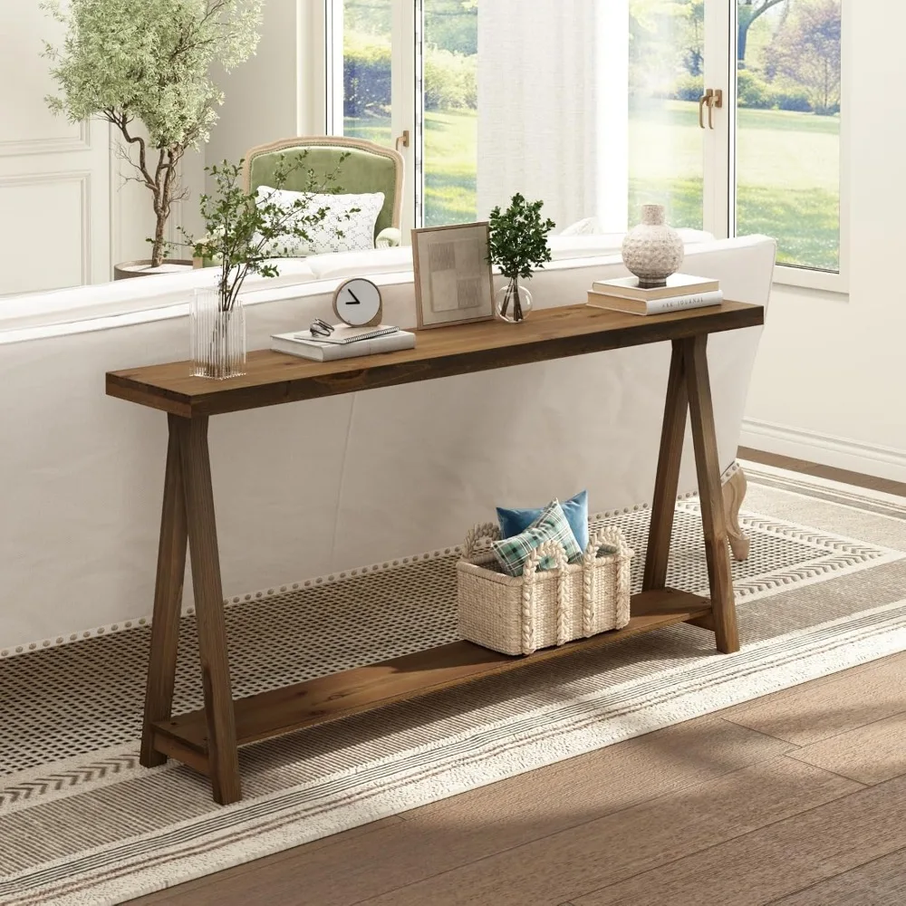 Rustic Solid Wood 2-Tier Console Table for Living Room, 63 Farmhouse Sofa Table, Natural Entryway Hallway Furniture