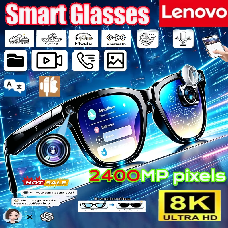 Lenovo 8K Camera 2400MP AI Smart Glasses Translation AI Chat Hands-Free Calling Music Playback Smart Sunglasses Electronics