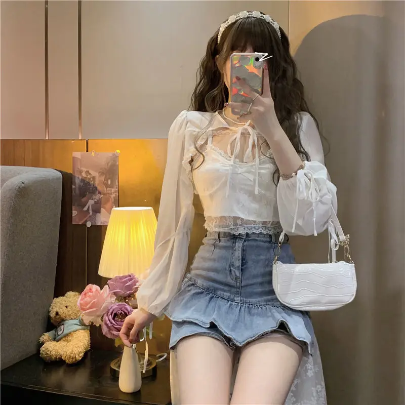 Sweet Camisole Sets Women Skinny Sexy Crop Jackets Simple Pure All-match Lace Korean Style Summer Sun-proof Ladies Bandage Chic