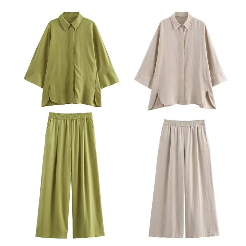 

European and American Women's Clothing Loose Linen Shirt Elastic Straight Trousers Set