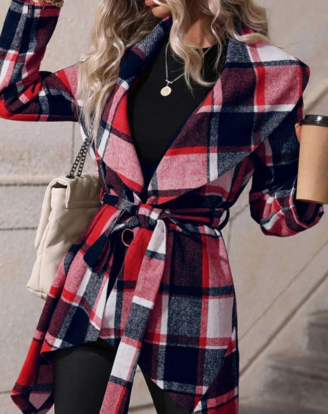 

Woolen Female Coat 2023 Autumn/winter Long Sleeve Plaid Pattern Tied Detail Asymmetrical Coat Slim Waist Overcoat Y2K Streetwear