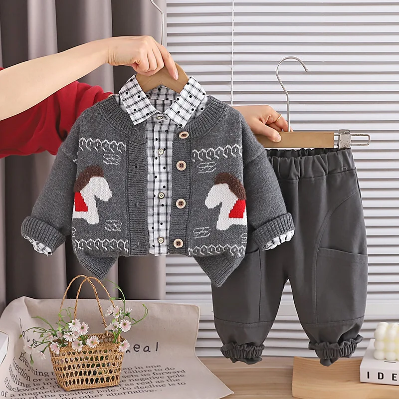 Toddler Boys 3pcs Outfits 2026 New Spring Casual Cute Horse Knitted Cardigan Sweater Coat + Plaid Shirt + Pants Kids Clothes Set