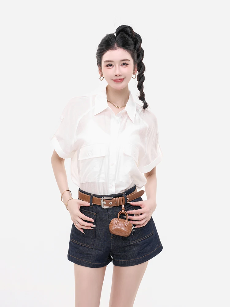 

Женская повседневная рубашка LADIES FIRST с коротким рукавом, летний топ для отдыха, с двойным карманом, отложным воротником, удобная посадка