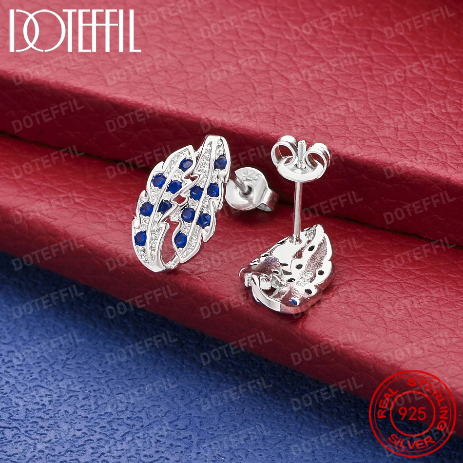 925 Sterling Silver Delicate Leaf Blue Zircon Stud Earrings for Women, Fashionable Party Wedding Jewelry Party Gift