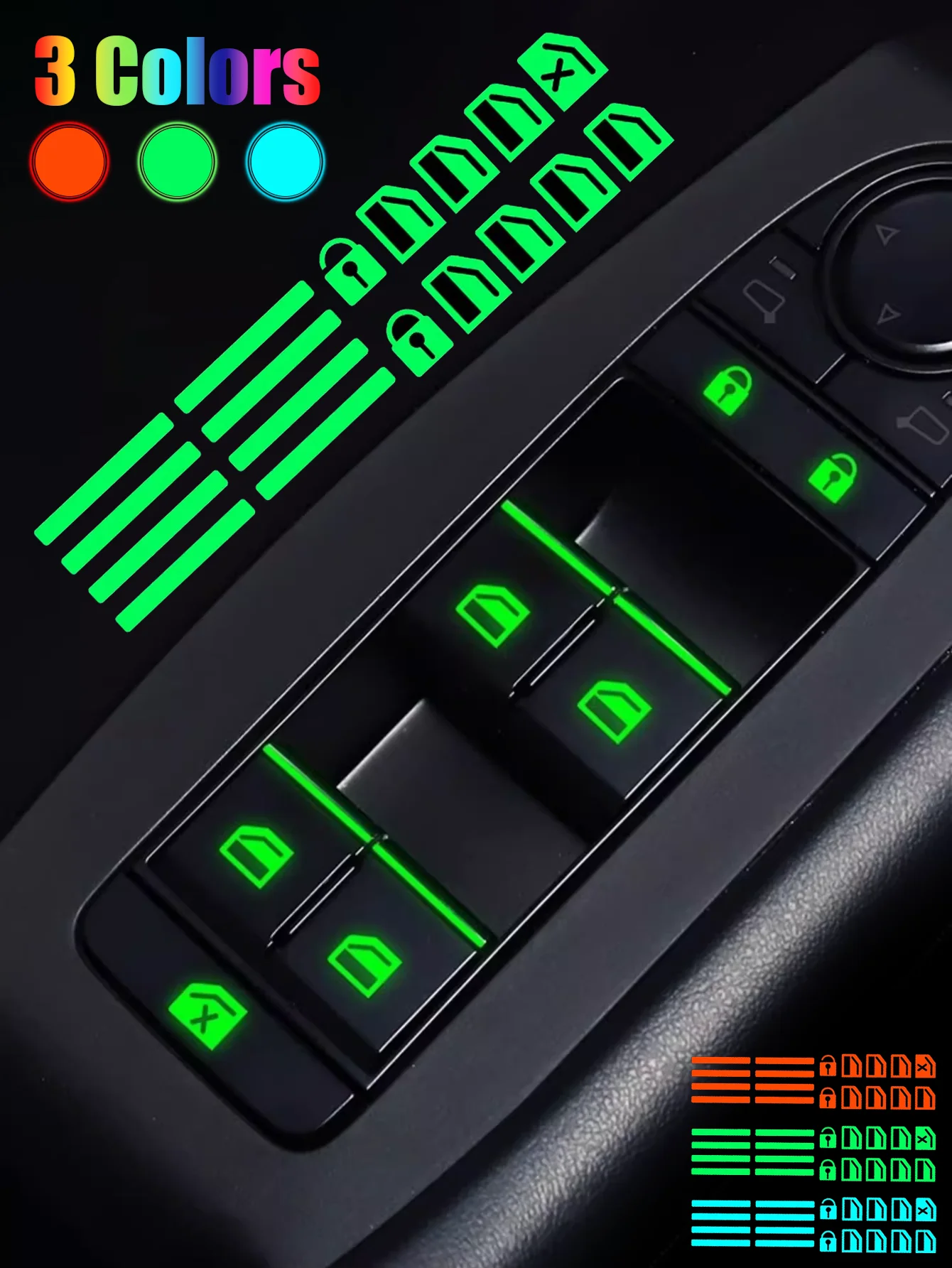 Luminous Car Window/Door Switch Stickers - 3-Color Self-Adhesive Fluorescent Stickers, Suitable for Lock/Control Buttons - Night Visibility Accessories, Suitable for Models Such as Volkswagen, Audi, Nissan, Opel, Peugeot, Renault, Chevrolet, Etc