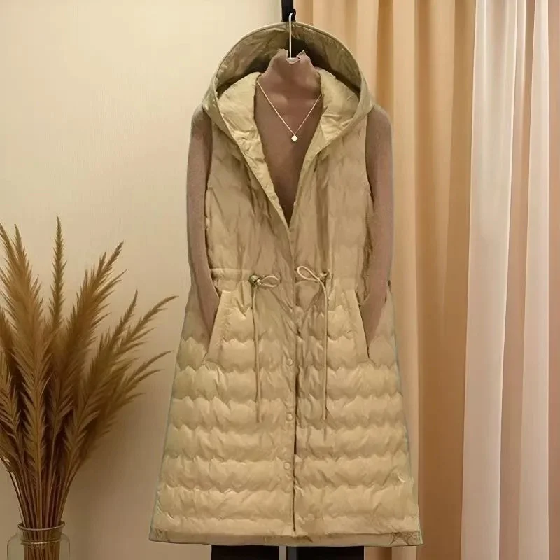 Hooded Down Cotton Vest For Women Lightweight Autumn Winter Coat Jacket Warm Down Cotton Sleeveless Coats Medium Long Waistcoat