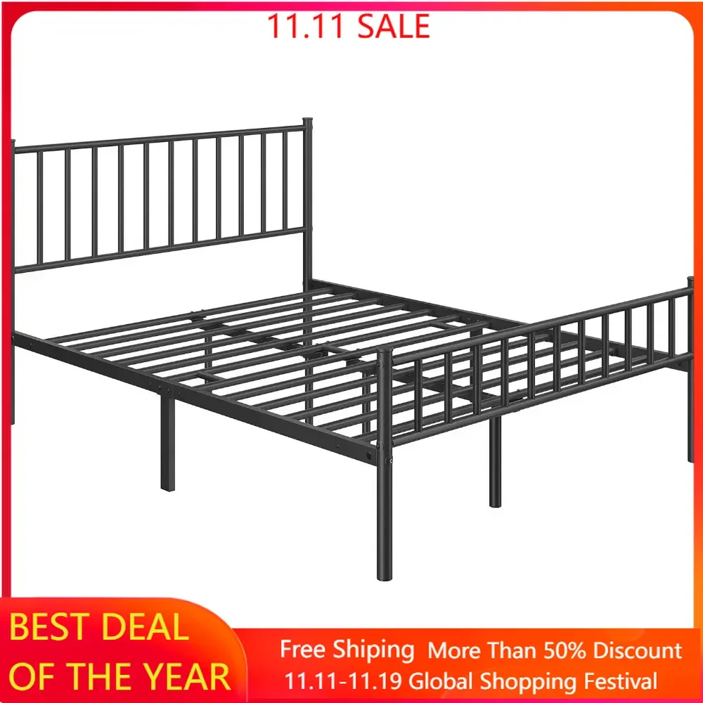 Bed Frame Metal Platform Bed with Spindle Headboard Footboard/Mattress Foundation/No Box Spring Needed/Underbed Storage Space