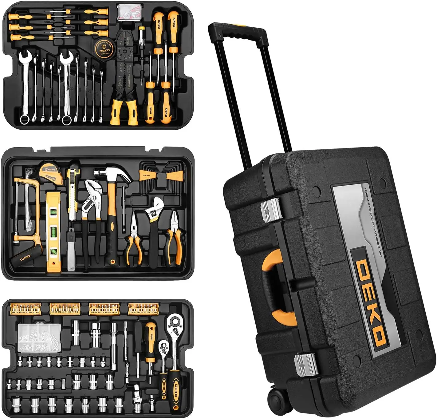 DEKO 258 Piece Tool Kit with Rolling Tool Box Socket Wrench Hand Tool Set Mechanic Case Trolley Portable