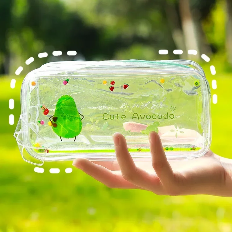 Creative Random Avocado Peach Printed PVC Large Capacity Pencil Bags Small Fresh Transparent Stationery Storage Bag