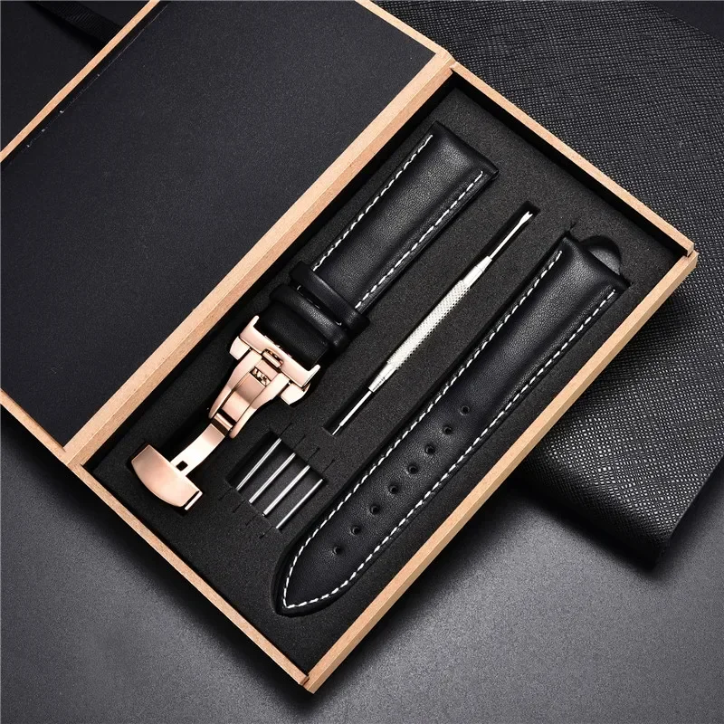 Echtes Lederarmband 18 mm 20 22 24 mm Uhrenarmband Automatische Schmetterlingsschnalle Herren- und Damen-Business-Armbanduhr mit Box-Handgelenkgürtel – Detail 11