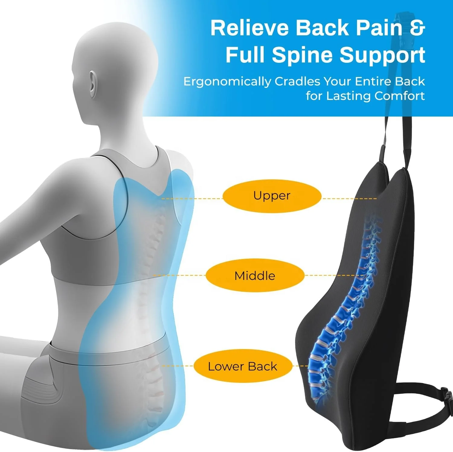 Slow Rebound Memory Foam Car Seat Lumbar Back Support Pillow Cushion Driver Backrest Truck Travel Comfort Universal Washable