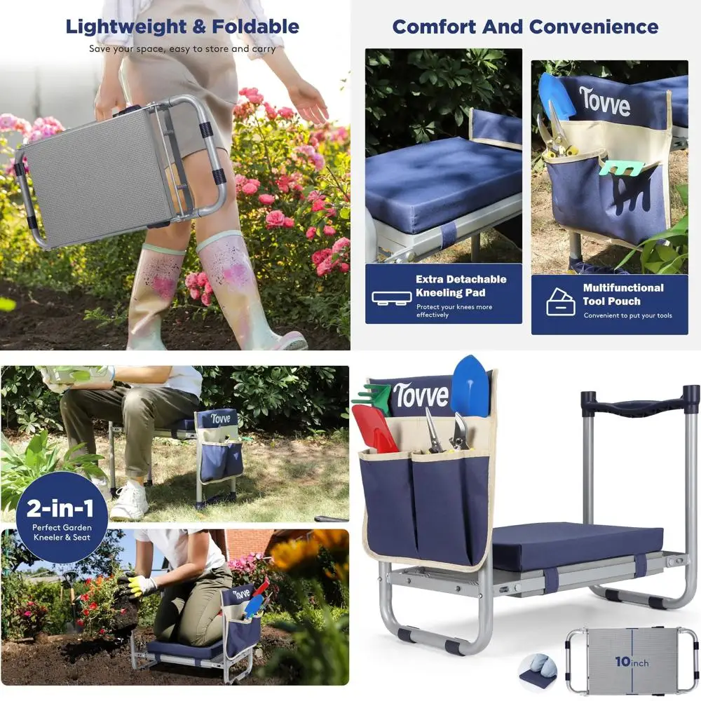 

oldable Garden Kneeler and Seat, Heavy Duty Garden Stool with 10" Wide Detachable Kneeling Pad, Portable Garden Bench Chair with